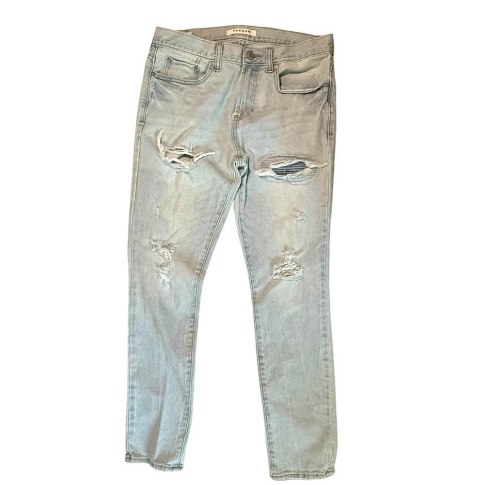 PACSUN Light Blue Stacked Skinny Distressed Men's Jeans - Picture 2 of 7